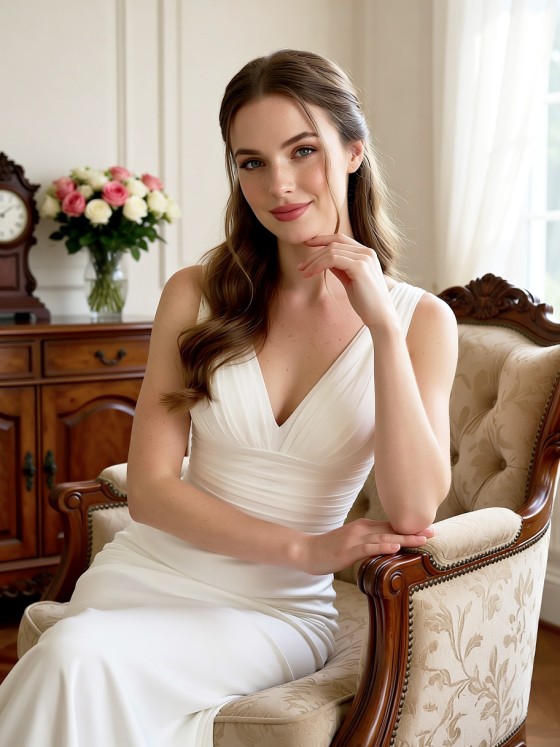 APJbridal Simple V-Neck A-Line Chiffon Wedding Dress with Sweep Train